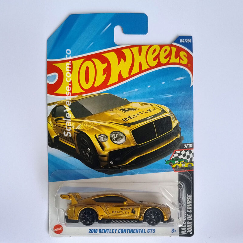 Hot Wheels 2018 Bentley Continental GT3 2025 de la serie HW Race Day, vehículo casting deportivo de lujo en color dorado.