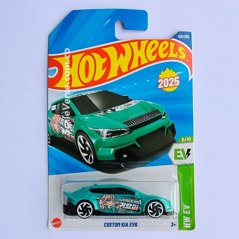Hot Wheels Custom Kia EV6 2025 de la serie HW EV, vehículo casting eléctrico de Primera edición en color Turquesa.