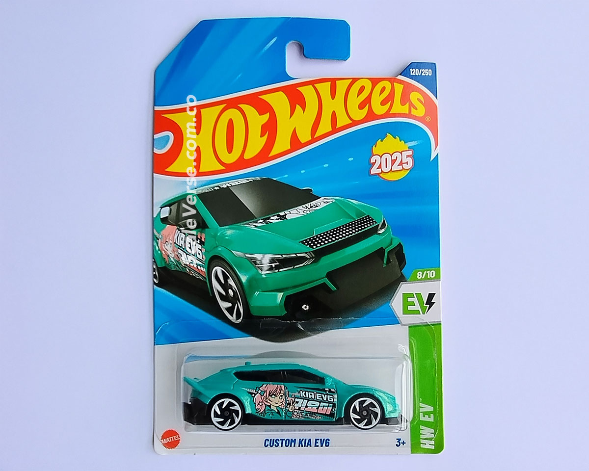 Hot Wheels Custom Kia EV6 2025 de la serie HW EV, vehículo casting eléctrico de Primera edición en color Turquesa.