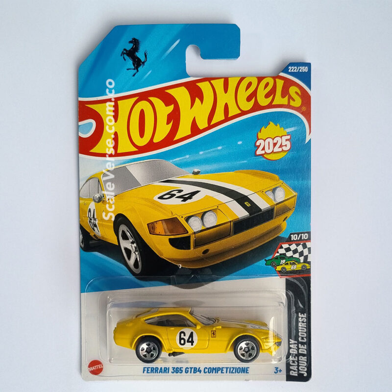 Hot Wheels Ferrari 365 GTB4 Competizione 2025 de la serie Race Day, vehículo casting de carreras, recolor en color amarillo de colaboración con Ferrari