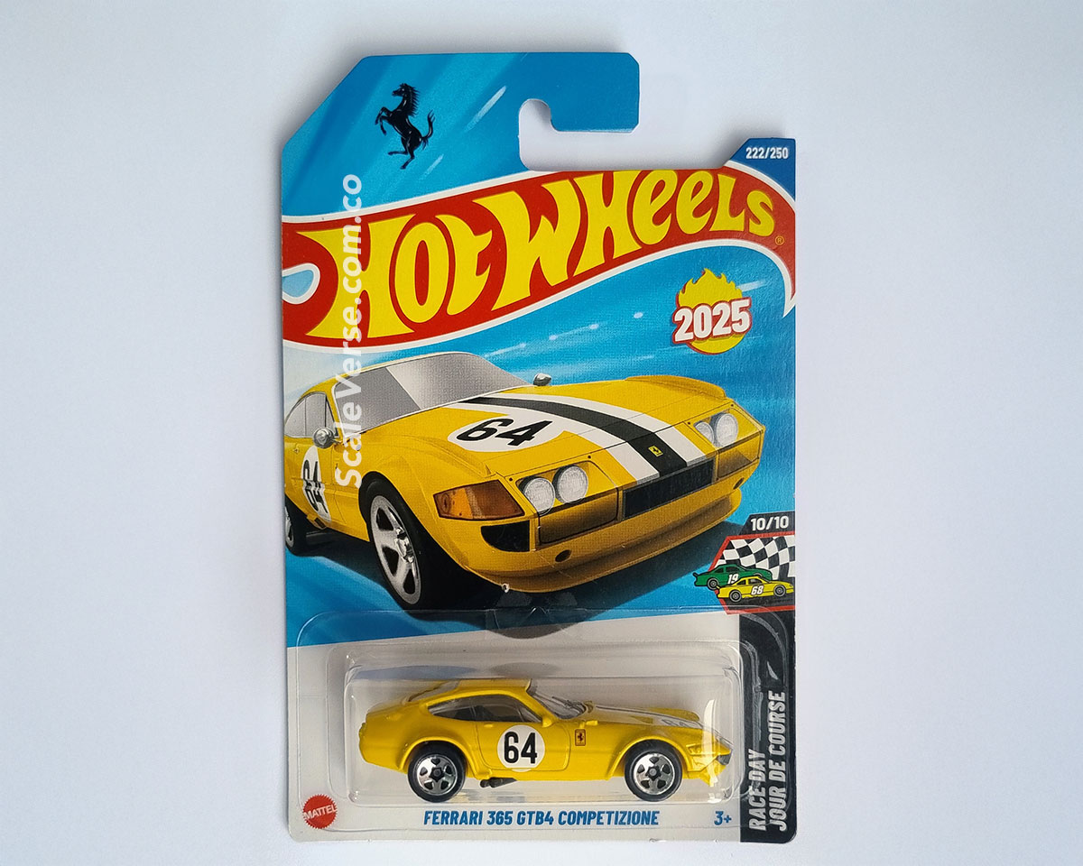 Hot Wheels Ferrari 365 GTB4 Competizione 2025 de la serie Race Day, vehículo casting de carreras, recolor en color amarillo de colaboración con Ferrari
