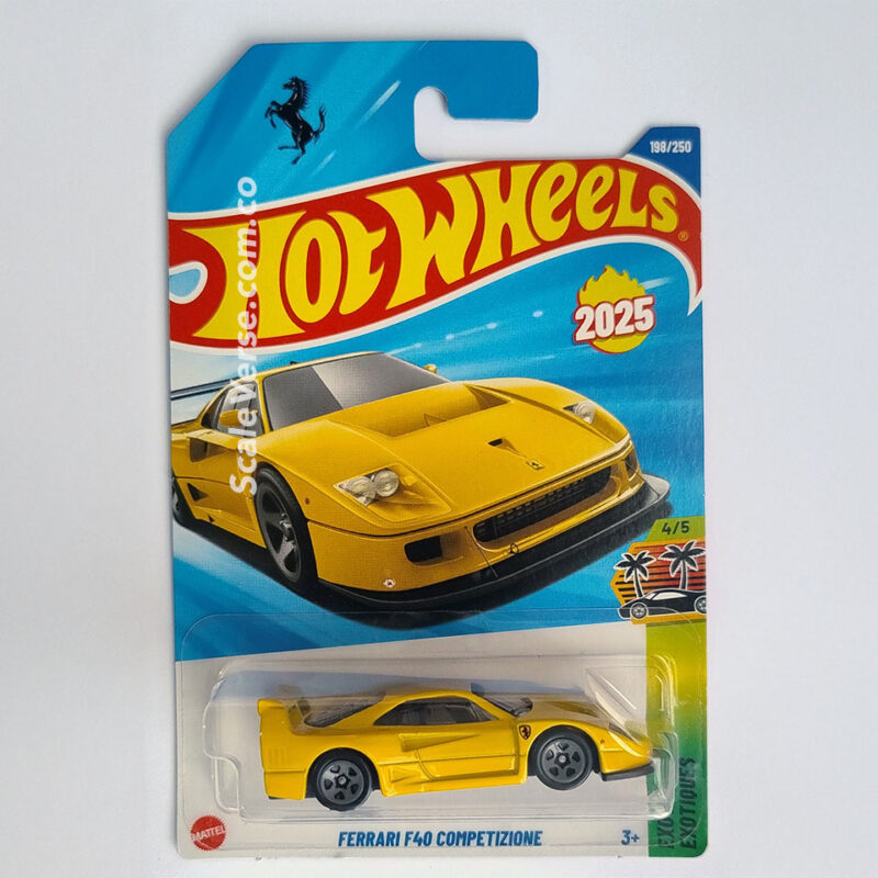 Hot Wheels Ferrari F40 Competizione 2025 de la serie Exotics, vehículo casting de colaboración con Ferrari y recolor en amarillo.