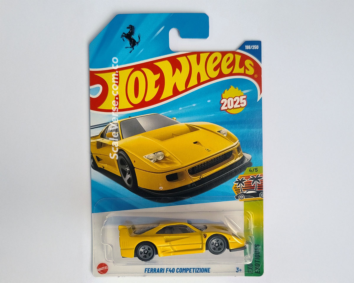 Hot Wheels Ferrari F40 Competizione 2025 de la serie Exotics, vehículo casting de colaboración con Ferrari y recolor en amarillo.