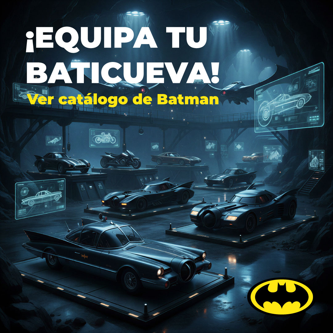 Vista panorámica de la Baticueva con el Batmóvil y equipo tecnológico avanzado, ambientación clásica de DC Comics.