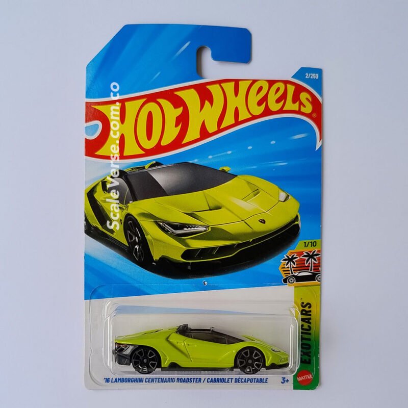 Hot Wheels ´16 Lamborghini Centenario Roadster / Cabriolet Décapotable 2026 de la serie Exoticars, vehículo casting superdeportivo en pintura verde.
