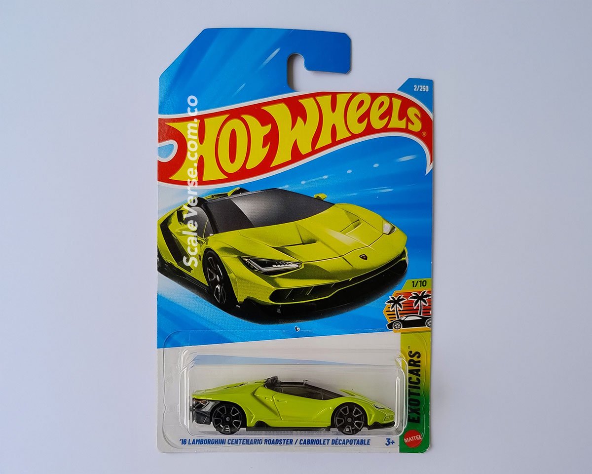 Hot Wheels ´16 Lamborghini Centenario Roadster / Cabriolet Décapotable 2026 de la serie Exoticars, vehículo casting superdeportivo en pintura verde.