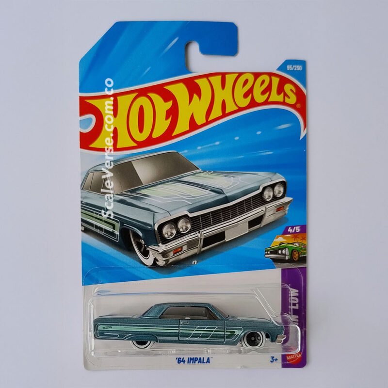 Hot Wheels ´64 Impala 2026 de la serie Layin´ Low, vehículo casting estilo lowrider en color azul metálico.