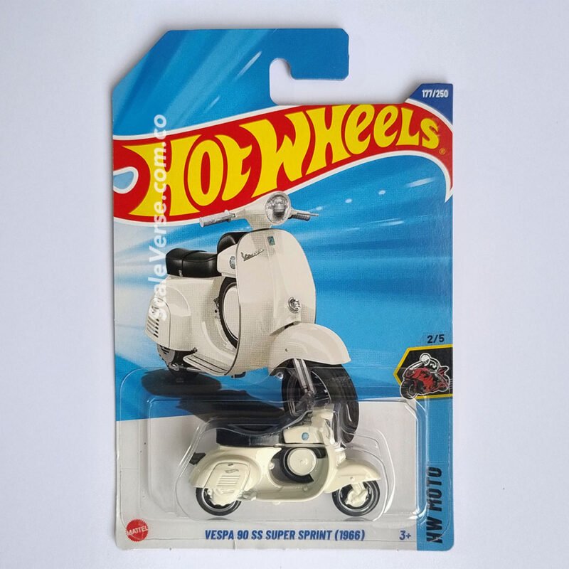 Hot Wheels Vespa 90 SS Super Sprint (1966) 2025 de la serie HW Moto, vehículo casting en color Blanco Perla.